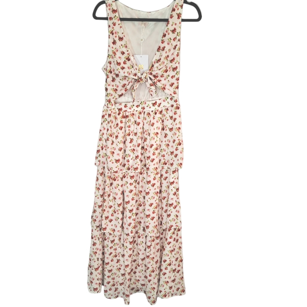 WAYF Tie Front Cutout Floral Chiffon Midi Dress Tiered Summer Wedding Guest Med - Picture 7 of 7